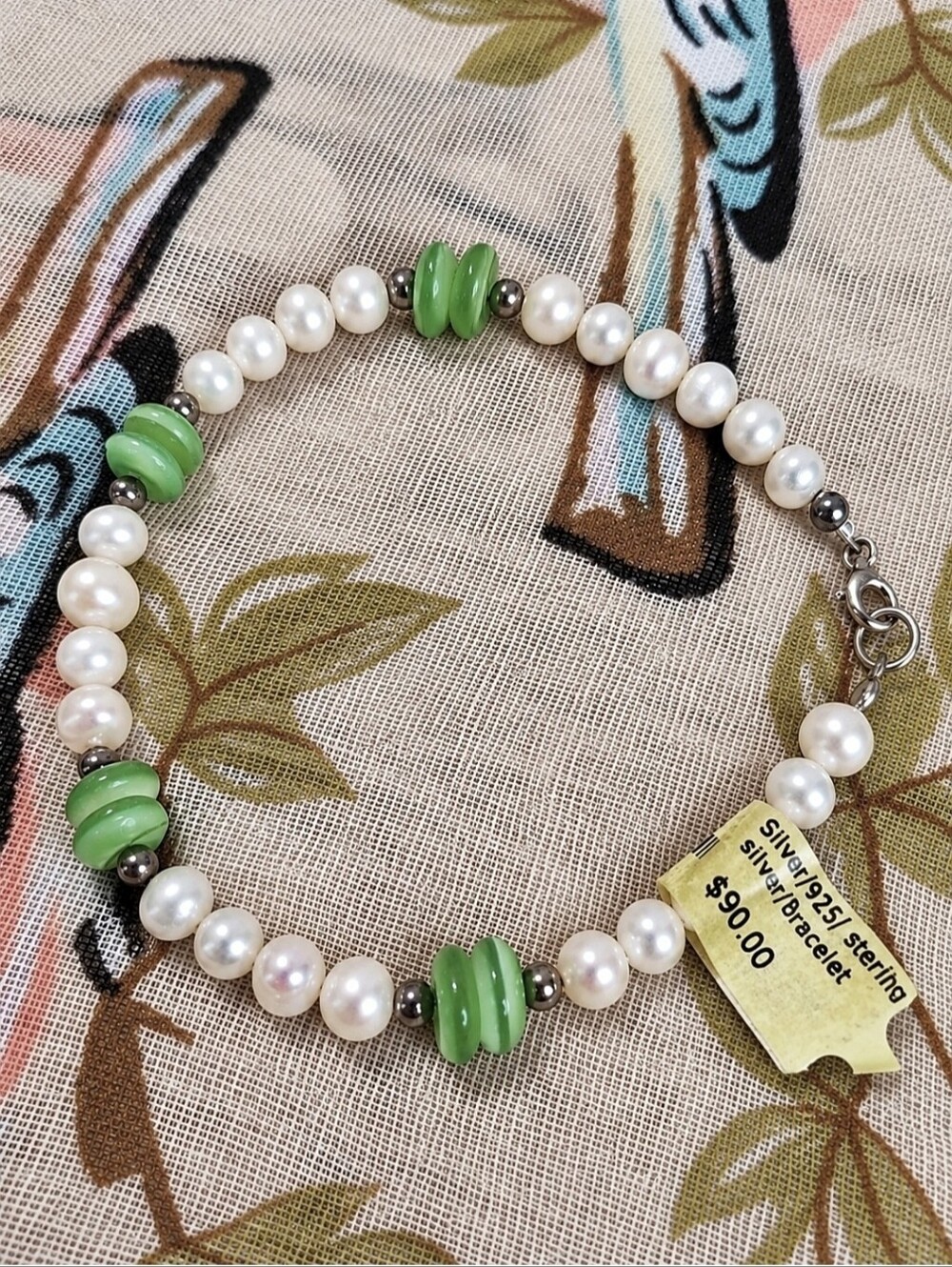 Sterling Silver Gritty Fresh Water Pearl Bracelet Green Doughnut Beads NWT